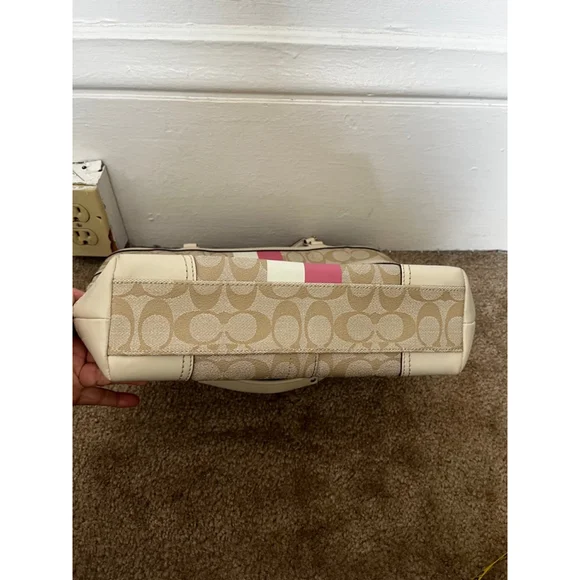 Coach Chelsea Leather Signature Heritage Logo Stripe Pink Beige Tote Bag - Picture 16 of 16